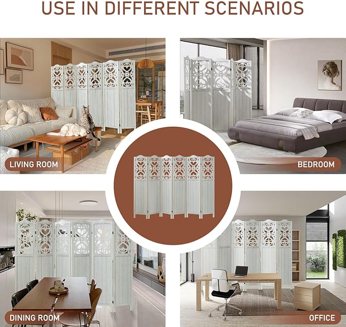 6 Panel Room Divider Fully Assembled, Carved Room Dividers and Folding Screens, 5.6Ft Wood Room Divider Screen Freestanding Partition Wall Dividers for Home Bedroom Office, Rustic White