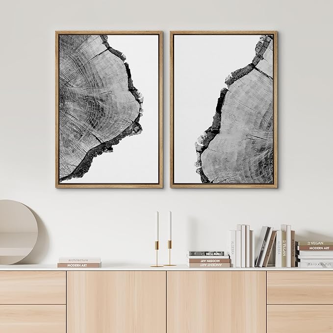 SIGNWIN Framed Wall Art Print Set Black & White Close Up Tree Ring Details Nature Wilderness Photography Modern Art Rustic Relax/Calm Multicolor for Living Room, Bedroom, Office - 24"x36"x2 Natural
