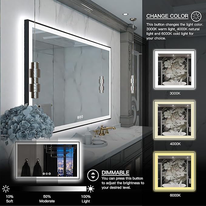 LED Mirror for Bathroom 60x36 - Vanity With Backlit and Front Light, Framed Dimmable Illuminated for Wall, Anti-Fog, Shatterproof, Memory, 3 Colors (Horizontal/Vertical)