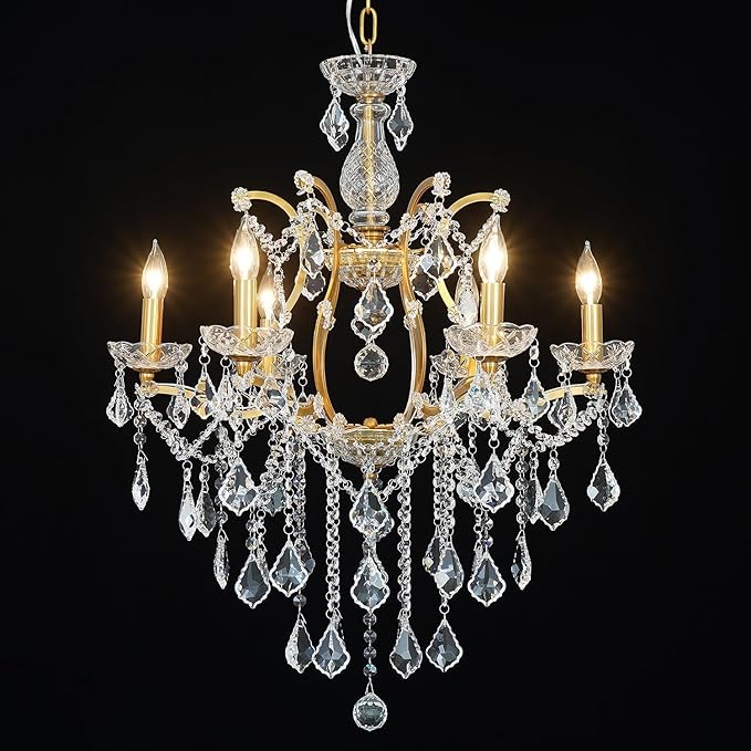 Luxury Antique Gold Crystal Chandeliers with Candle Pendant Ceiling Light Fixture - 6 Lights Polished Golden Bronze Crystal Chandelier for Dining Room, Living Room, Kitchen, Bedroom