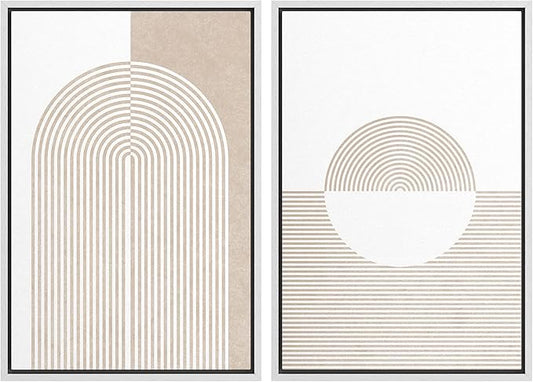 MUDECOR Framed Canvas Print Wall Art Set Pastel Tan Geometric Circle Spirals Abstract Shapes Illustrations Modern Art Decorative Contemporary for Living Room, Bedroom, Office - 16"x24"x2 White