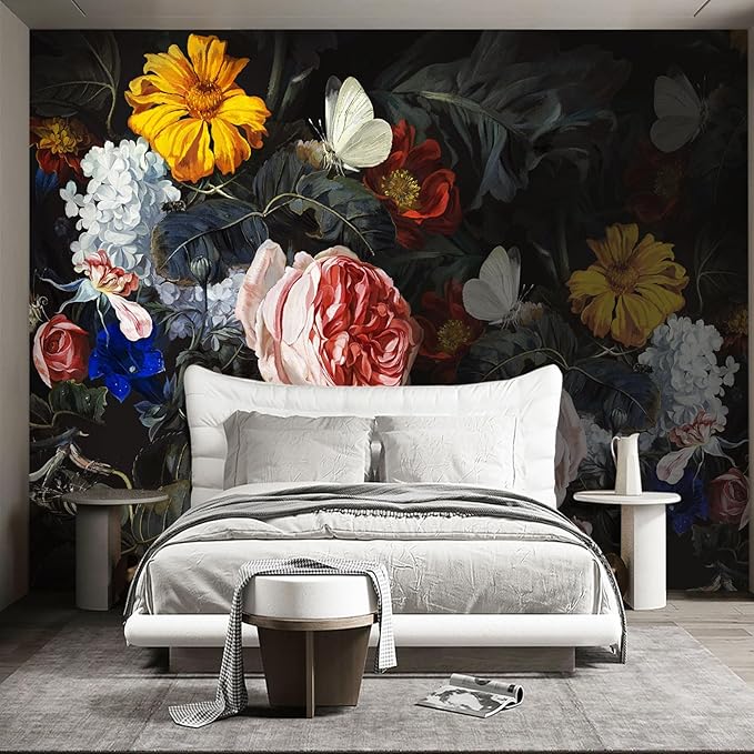 Black Floral Wall murals Peel and Stick Flowers Wallpaper for Bedroom Living Room - 85"x118"