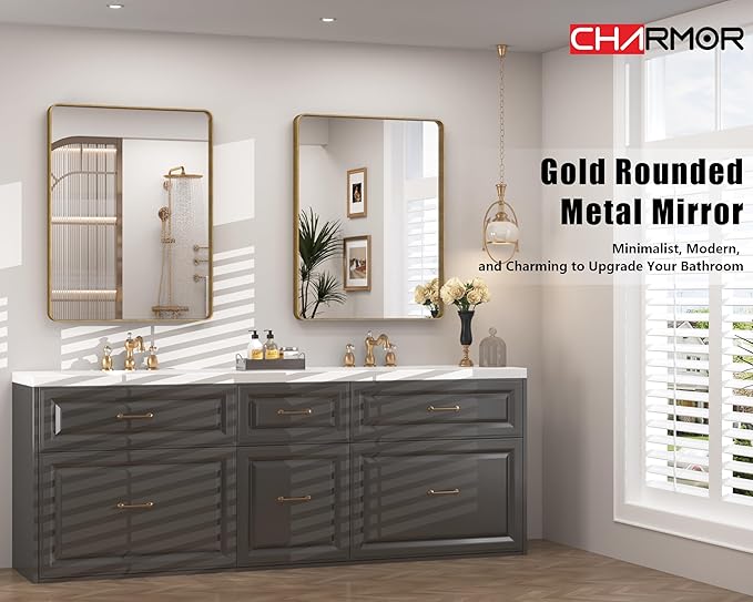 28x32 Gold Bathroom Mirror, Rounded Rectangle Gold Frame Mirror, Brushed Gold Brass Bathroom Vanity Mirror Wall-Mounted, Anti-Rust, Hangs Horizontally or Vertically