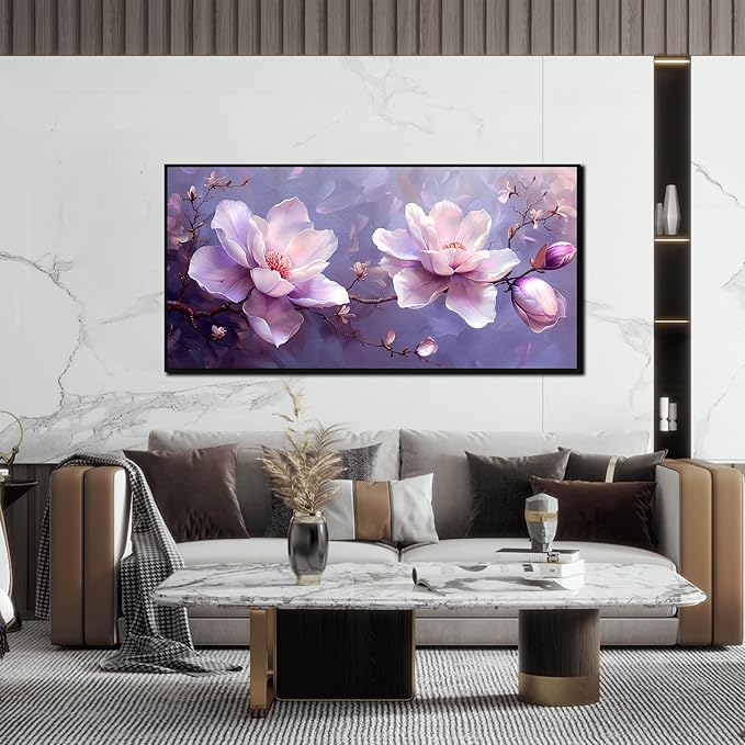 ANCXWOTER Modern Canvas Wall Art, 24x48, Purple Flower Botanical, Framed, Waterproof, Perfect for Living Room, Bedroom, Office, Bathroom