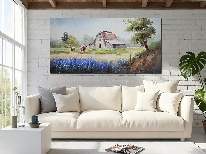 Arjun Farmhouse Canvas Wall Art Farm Highland Cow Landscape Picture Rustic Countryside Barn Painting Village Nature Artwork Large Size Framed for Living Room Bedroom Home Office Wall Decor, 48"x24"