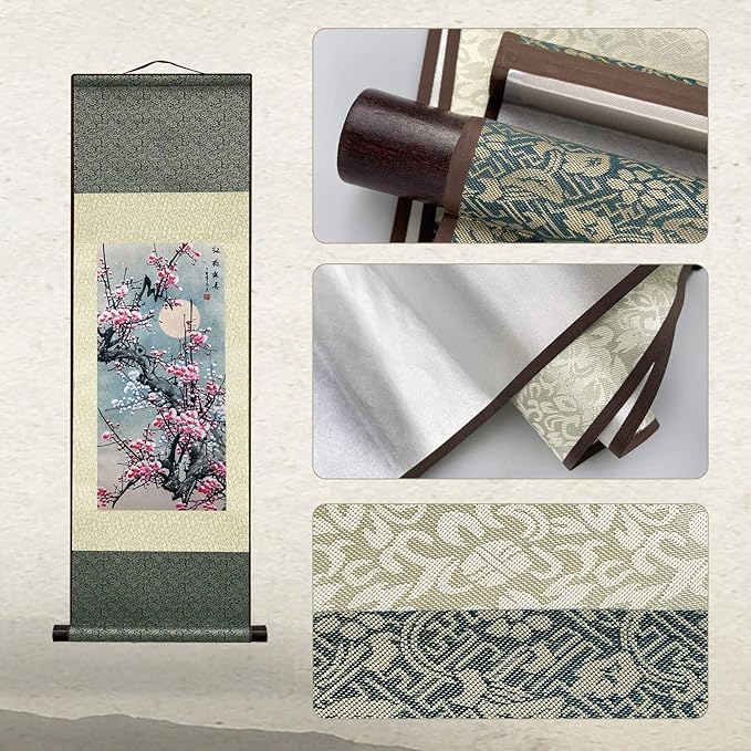 AtfArt Asian Wall Decor Beautiful Silk Scroll Painting Flowers - Plum - Red Plum Primula Primula Rubra Oriental Decor Chinese Art Wall Scroll Wall Hanging Painting Scroll (36.2 x 12 in)