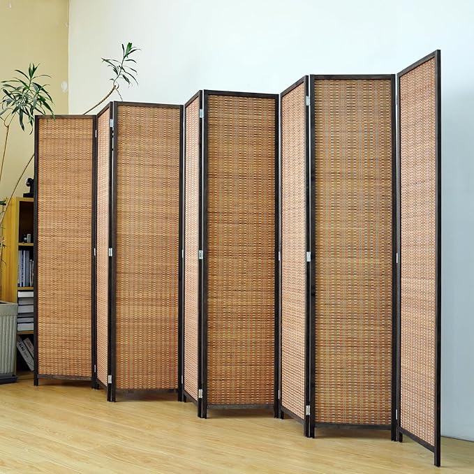 8 Panel Room Divider Screen,5.6 FT Tall Bamboo Divider Folding Privacy Screen,Freestanding Room Divider for Room Seperation,Brown