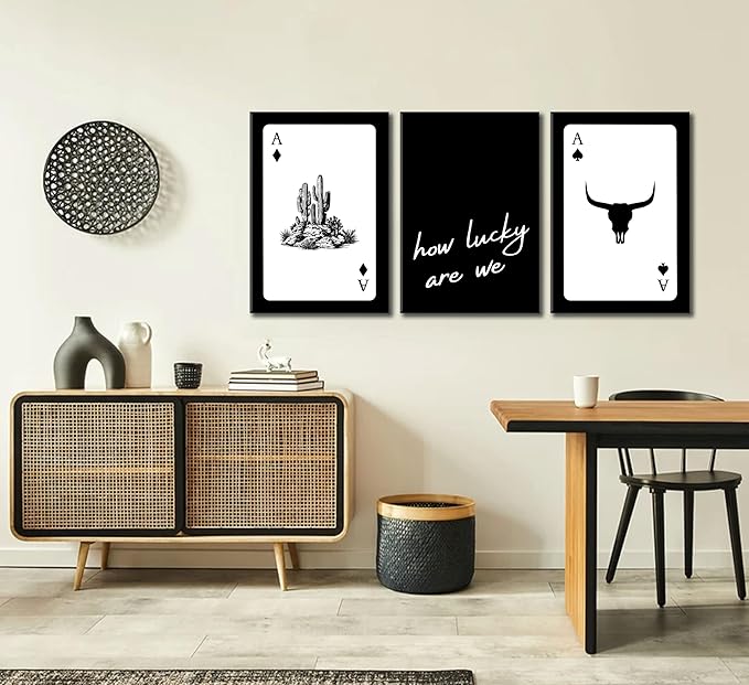 3Pcs Black and White Western Canvas Wall Art Country Southwest Poster Vintage Poker Ace Picture Cactus Bull Skull and How Lucky We Are Painting for Bedroom Living Room 16x24in Framed