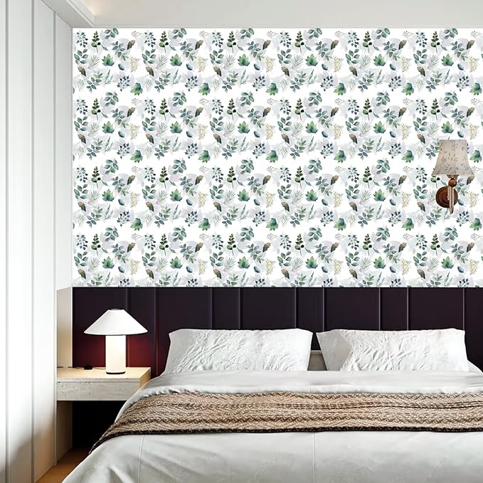 17.5" x 197"Modern Blue and Sage Green Leaf Peel and Stick Wallpaper Botanical Design Removable Self-Adhesive Vinyl Boho Contact Paper for Bathroom Waterproof Cabinets Bedroom and Farmhouse Wallpaper