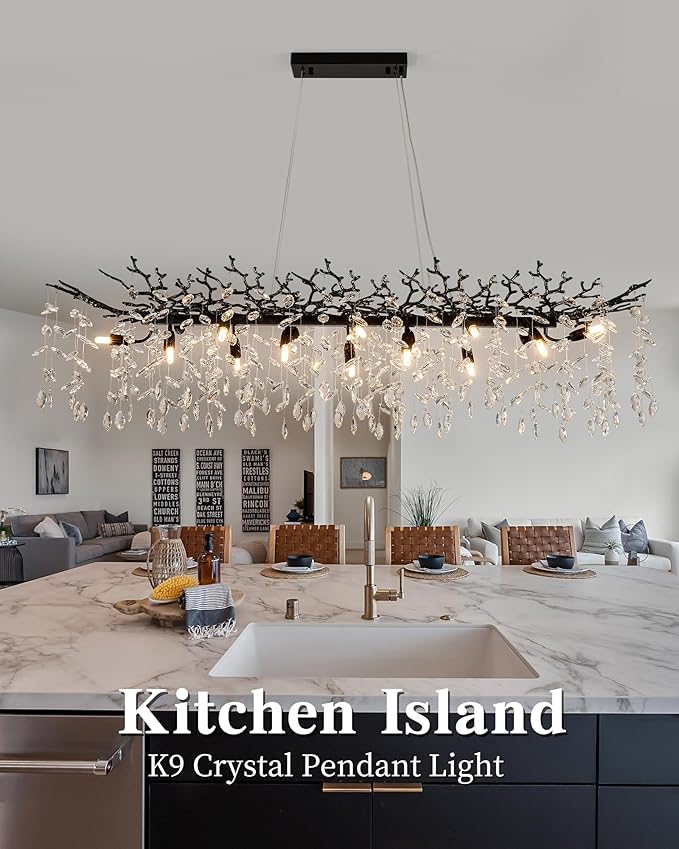 Modern Tree Branch Chandelier for Dining Room, 16 Lights Rectangular 59" Crystal Black Chandeliers for Kitchen Island Dining Room Living Room