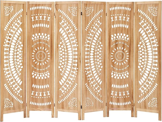 6 Panel Wood Room Divider Fully Assembled, Decorative Room Dividers and Folding Screens, 5.6Ft Room Divider Screen Freestanding Partition Wall Dividers for Home Bedroom Office, Light Brown