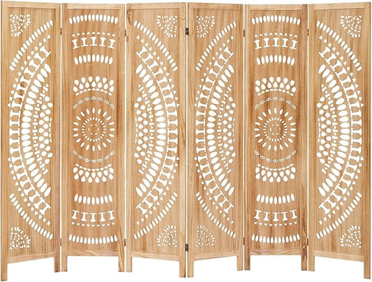 6 Panel Wood Room Divider Fully Assembled, Decorative Room Dividers and Folding Screens, 5.6Ft Room Divider Screen Freestanding Partition Wall Dividers for Home Bedroom Office, Light Brown