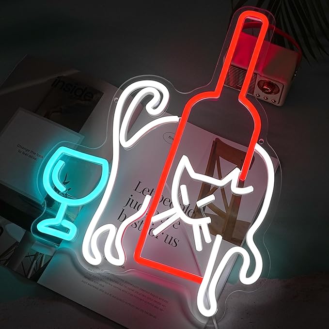 LISIGNVE Cat Beer Neon Sign LED Wine Glass Light up Sign for Bar Wall Decor USB Dimmable Cat Neon Light Cocktail neon Light sign for Living Room Home Bar Man Cave Animal Themed Gathering