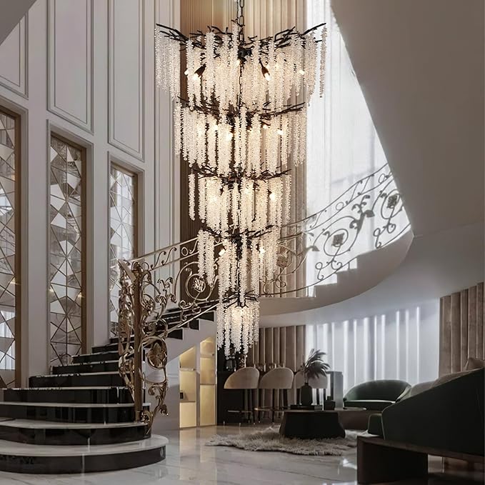 118'' Black Branch High Ceiling Chandelier, 28-Light Modern Long Tree Chandeliers, 3CCT Dimmable, Large Luxury Foyer Chandelier, Raindrop K9 Crystals Fixtures for Staircase, Entryway, Living Room