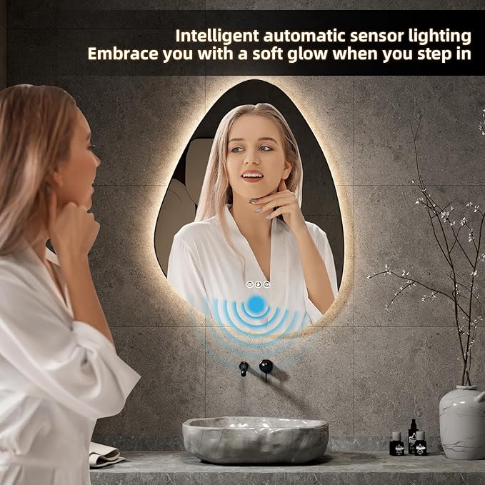 Led Mirror for Bathroom, 24"x 32" Bathroom Vanity Mirror with Lights, Human Body Sensing, Anti-Fog, 3 Colors and Dimmable, Backlit Light Up Bathroom Mirror Wall Mounted.