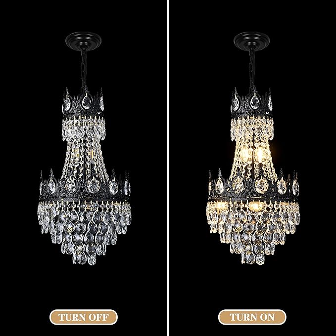KoKo&Yukina Chandelier, 12'' Black French Empire Light Fixture, 6-Light K9 Crystal, Adjustable Hanging, for Hallway Entryway Kitchen Foyer