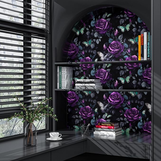 Black Foral Wallpaper Peel and Stick Dark Purple Rose Contact Paper 17.4" x 393", Waterproof Self-Adhesive Flower Butterfly Wall Paper for Bedroom Countertop Desk Cabinets Decor Renter Friendly