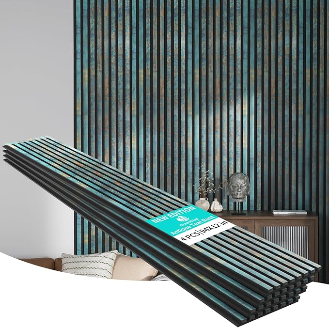 Acoustic Wood Slat Wall Panels - Antique Teal Rust Soundproof Paneling for Interior Wall Decor, Modern Design, 94" x 12", 4-Pack