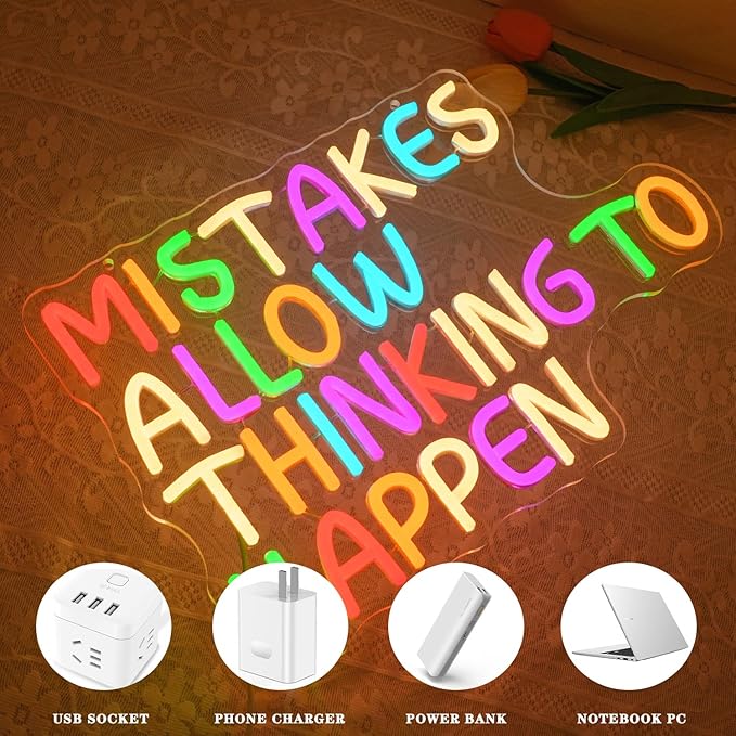Mistakes Allow Thinking To Happen Neon Sign for Classroom Office Neon Light Colorful Letter Neon Light Sign Sayings Led Neon Lights for Office Classroom Bedroom Library Decoration