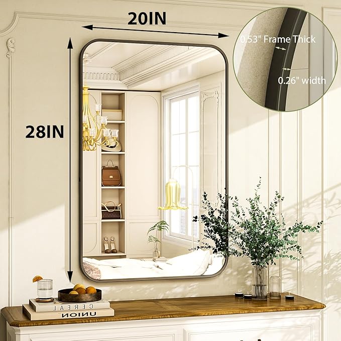 20 x 28 Inch Bathroom Mirror, Rounded Rectangular Vanity Mirror for Wall, Modern Mirror for Room Decor, Black Framed Wall-Mounted Mirrors for Home Decor, Hangs Horizontally or Vertically
