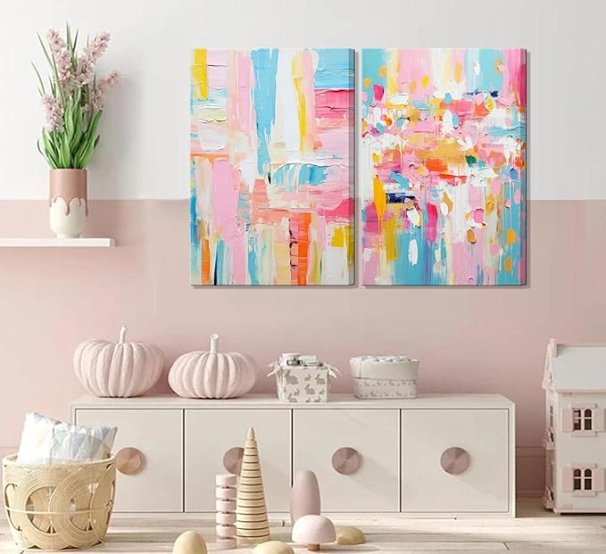 2Pcs Framed colorful abstract Wall Art College style girl art posters prints Modern Pastel texture Pictures Paintings Wall Decor for Girly Dorm Bedroom Living Room Decoration