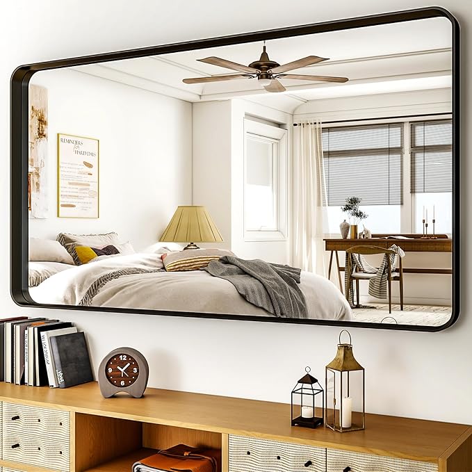 55"x 30" Black Bathroom Mirror - Aluminum Framed Wall Mirror, Bathroom Wall Mounted Vanity Mirror, Modern Bathroom Mirror, Bedroom, Living Room Wall Mirror, Hang Horizontally or Vertically