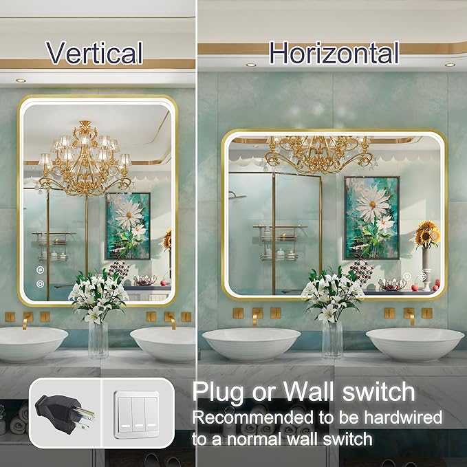 40x30 Inch Gold LED Mirror for Bathroom with Lights, Wall Mounted Lighted Bathroom Vanity Mirrors, Anti-Fog, Memory Funtion, Stepless Dimmable, Horizontal or Vertical