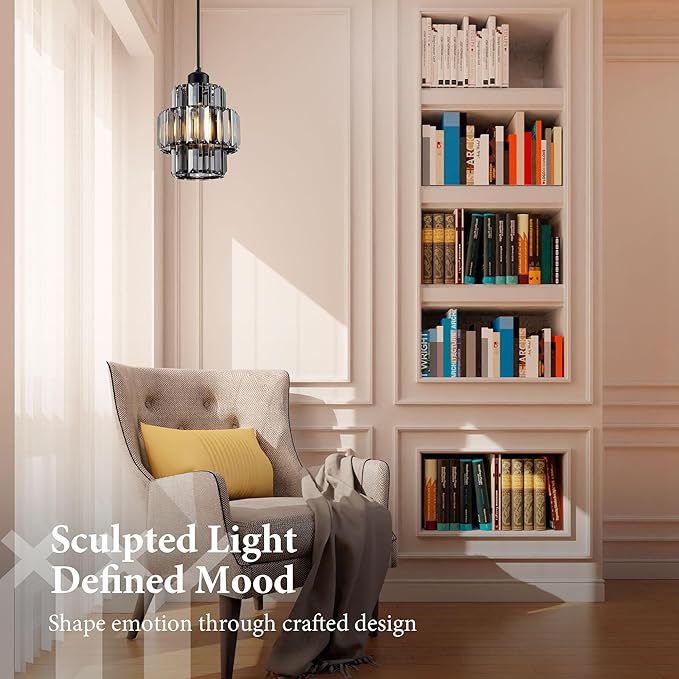 Modern Crystal Chandelier, 6"x7" Classic Crafted Pendant Light, Glass & Metal Hanging Light Innovative Small Space Use in Dining Room, Kitchen Island, Bedroom, Living Room - Midnight Fog