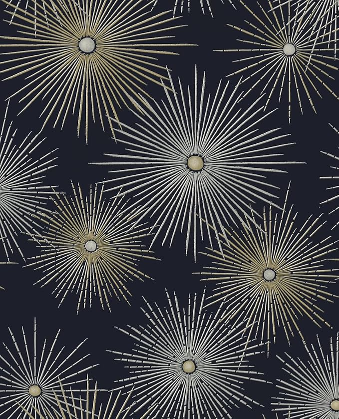 NextWall Star Burst Geo Mid Century Peel and Stick Wallpaper (Midnight Blue & Metallic Gold)