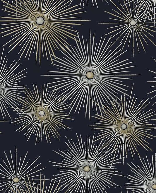 NextWall Star Burst Geo Mid Century Peel and Stick Wallpaper (Midnight Blue & Metallic Gold)