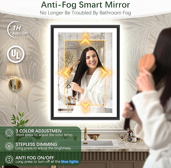 24x36 Black Framed Led Bathroom Mirror with Lights, Front Lit and Backlit, Lighted Vanity Mirror for Bathroom Wall, Anti-Fog, Dimmable, 3 Colors, Memory, HD Tempered Glass