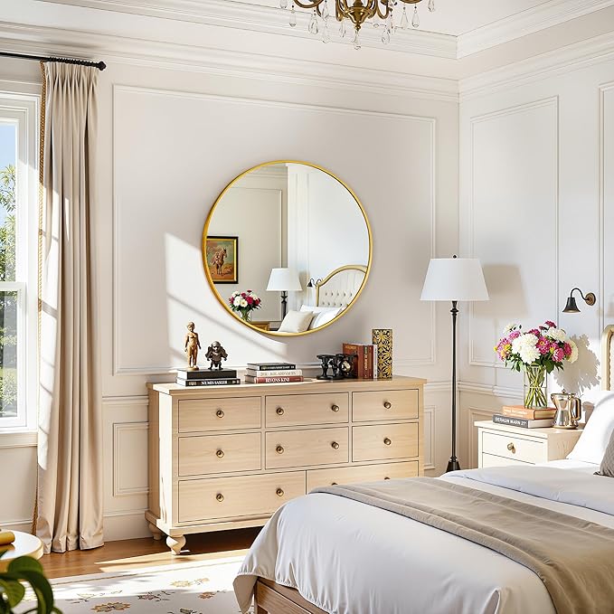 Antok Wall Mirror, 20"x20" Bathroom Vanity Mirror, Anti-Rust HD Tempered Glass, Wall Mounted Mirrors for Living Room, Entryway, Gold Frame, Round