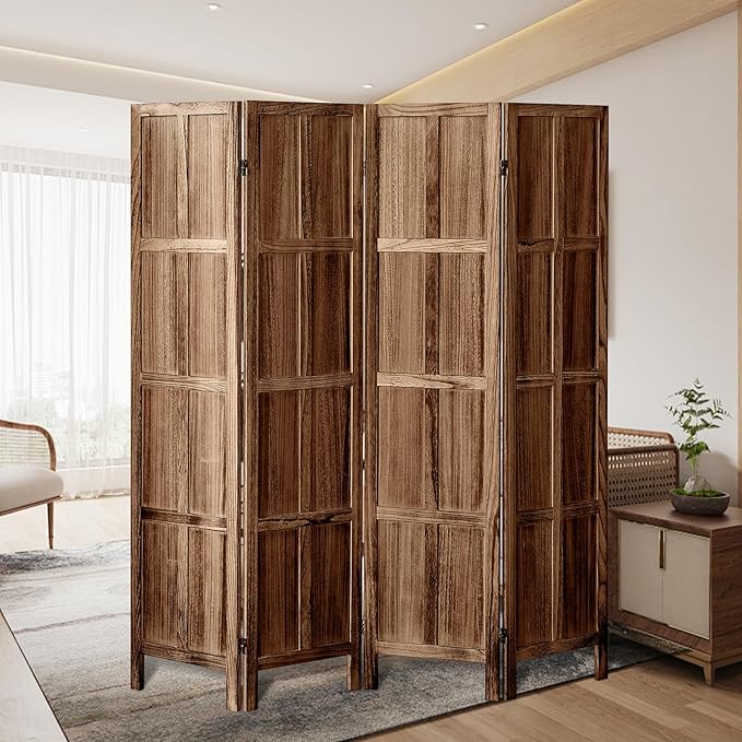 4 Panel Room Divider Wall, 5.6 FT Tall Folding Privacy Screen, Partition Divider for Room Separation, Room Partition Separator, Wooden Wall Divider Screen for Home Office Bedroom (Brown)