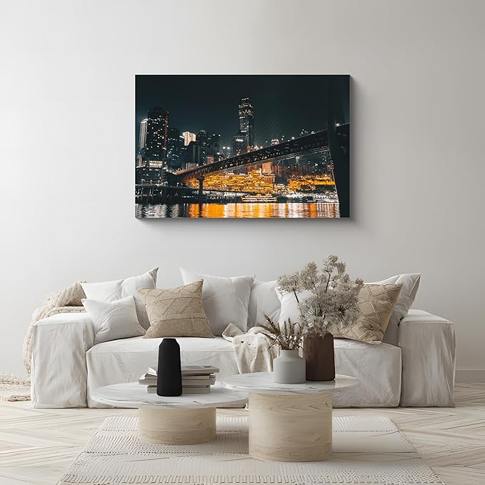 NAN Wind 1PCS Chongqing City Nightscape Canvas Wall Art Illuminated Chinese Skyline with Bridge Skyscrapers Modern Urban Landscape Photography Print for Living Room Office Bedroom Decor