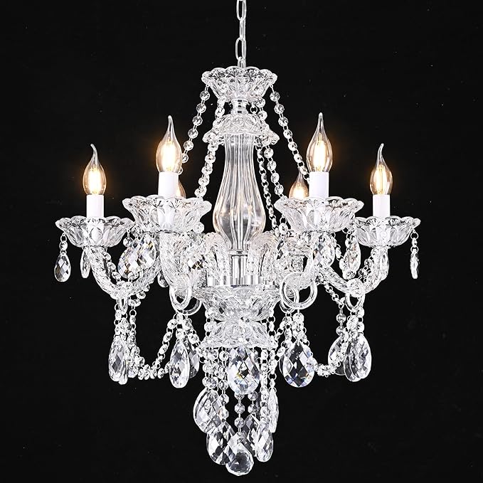 Modern Crystal Chandelier with 6 E12 Sockets, Adjustable Chain, Elegant K9 Crystal Lighting Fixture for Living Dining Room, Foyer