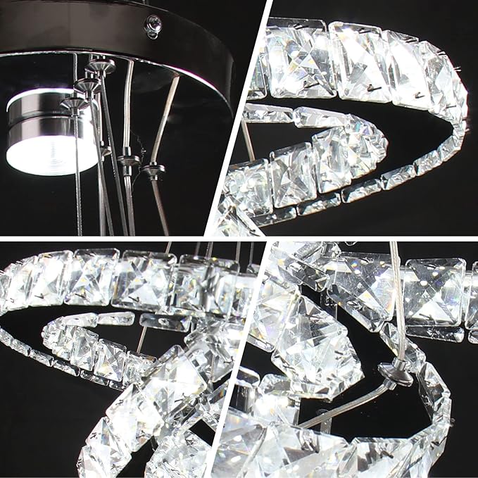 LED Chandeliers 3 rings LED Ceiling Lighting Fixture Modern Crystal Chandeliers Adjustable Stainless Steel Pendant Light for Bedroom Living Room Dining Room(Changeable Color,Control by button)