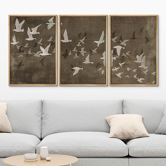 MUDECOR Framed Wall Art Print Set Flock of Abstract Birds in Flight Earthy Tones Illustrations Modern Art Boho Decorative Colorful Chic for Living Room, Bedroom, Office - 24"x36"x3 Natural