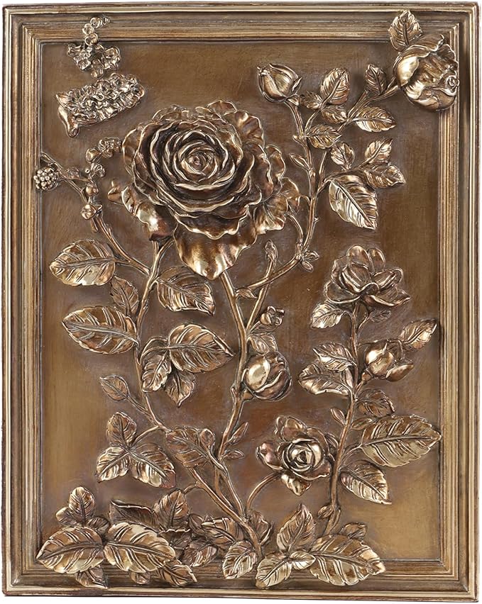 Kangce Vintage Wall Sculpture Home Decor Living Room Antique Hallway Galery Wall Art with Embossed Rose Design Aesthetic Home Decor,Rectangular,Bronze
