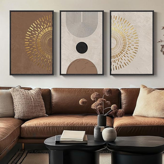 Large Framed Boho Neutral Abstract Wall Art, 3 Piece Modern Canvas Prints Paintings Artwork for Walls, Minimalist Brown Beige Gold Geometric Pictures for Living Room Hallway Bedroom Wall Decor 20x30 In