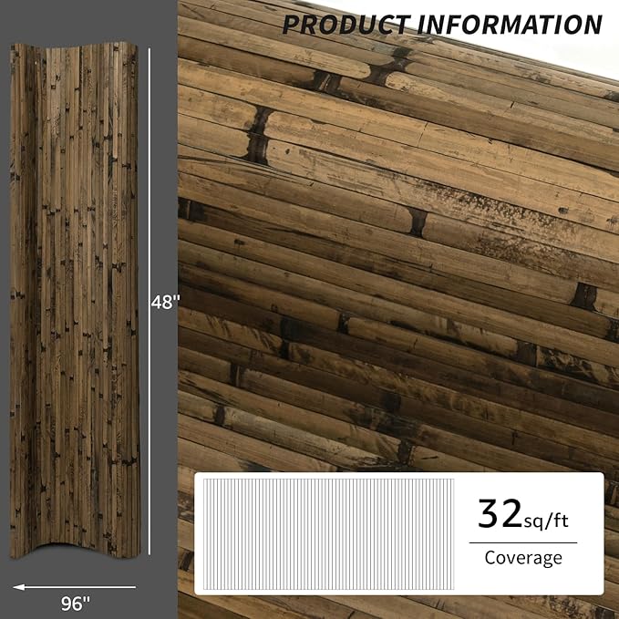Art3d Natural Bamboo Wall Panel for Interior Wall Decor, Renewable Pole Wrap Wainscoting Paneling for Wall Ceiling Furniture Cabinet Office, 48 x 96 Inch, 2-Pack - Dark Burned
