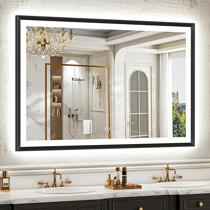 55x36 Black Framed Led Bathroom Mirror with Lights, Front Lit and Backlit, Lighted Vanity Mirror for Bathroom Wall, Anti-Fog, Dimmable, 3 Colors, Memory, HD Tempered Glass