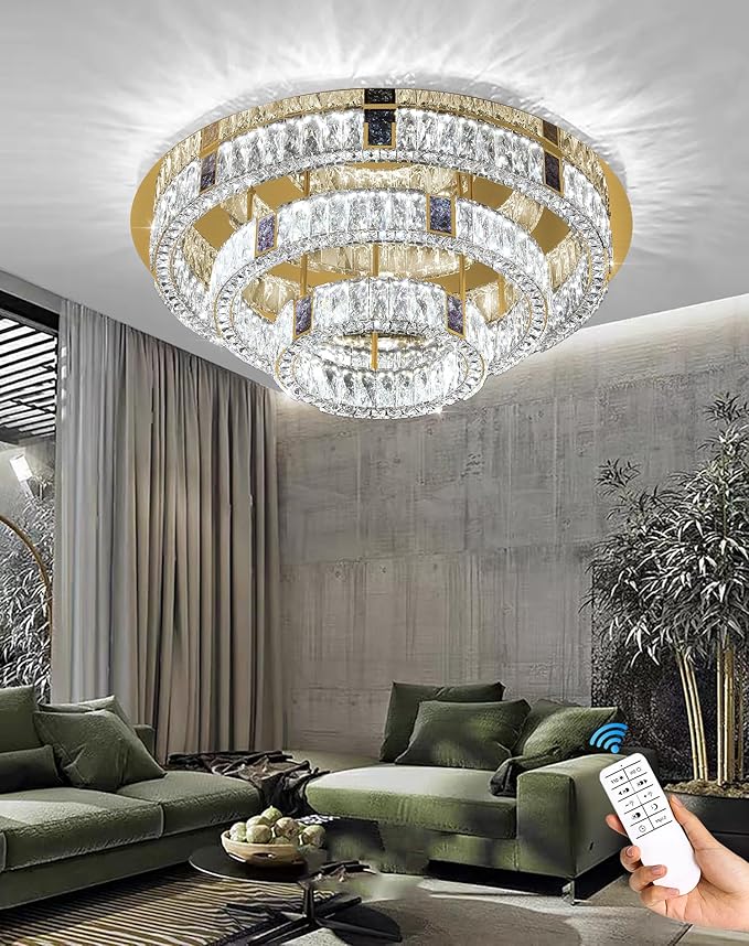 32in Flush Mount Crystal Chandelier Modern LED Gold Ceiling Light 3 Tier Crystal Chandelier for Living Room Dining Room Dimmable 3000k-6000k