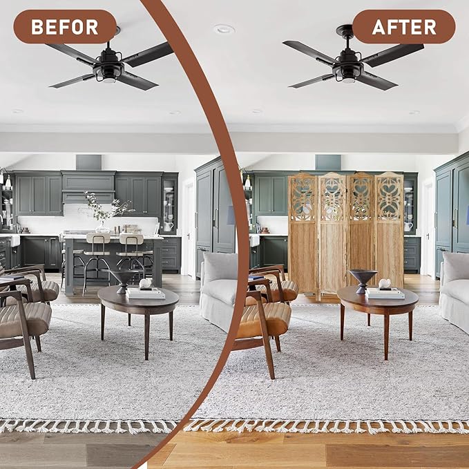 4 Panel Room Divider Fully Assembled, Carved Room Dividers and Folding Screens, 5.6Ft Wood Room Divider Screen Freestanding Partition Wall Dividers for Home Bedroom Office, Rustic Wood Color