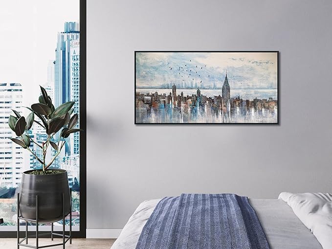 Arjun Cityscape Wall Art New York City Buildings Picture Modern Abstract Grey Skyline Birds NYC Painting Artwork for Bedroom Living Room Bathroom Home Office Decor, Large Size Black Framed 40"x20"