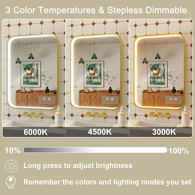 30x36 Inch Gold LED Bathroom Mirror with Lights, Adjustable 300K/4500K/6000K, Wall Mounted Framed Lighted Bathroom Vanity Mirrors, Anti-Fog, Memory, Stepless Dimmable, Horizontal/Vertical