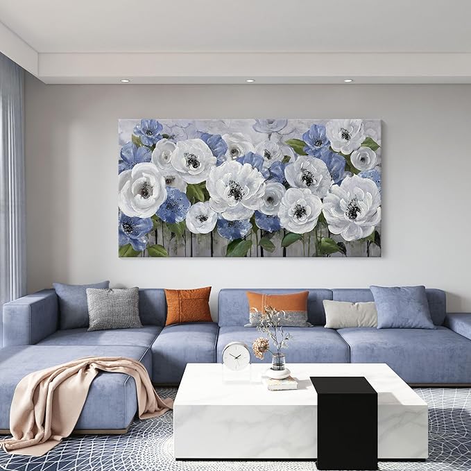 Mofutinpo Floral Wall Art for Living Room-Large Blue and White Flower Paintings, Textured Nature Artwork Pictures on Canvas, Landscape and Flower Wall Art for Bedroom Decor