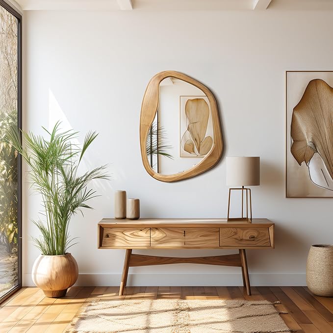 LuxenHome Irregular Oblong Wall Mirror,Accent with Natural Wood Frame,Rustic Bathroom Mirror,Vanity Makeup Mirror, Wall Mounted Mirror for Living Room,Entryway,Bedroom,Decorative Mirror