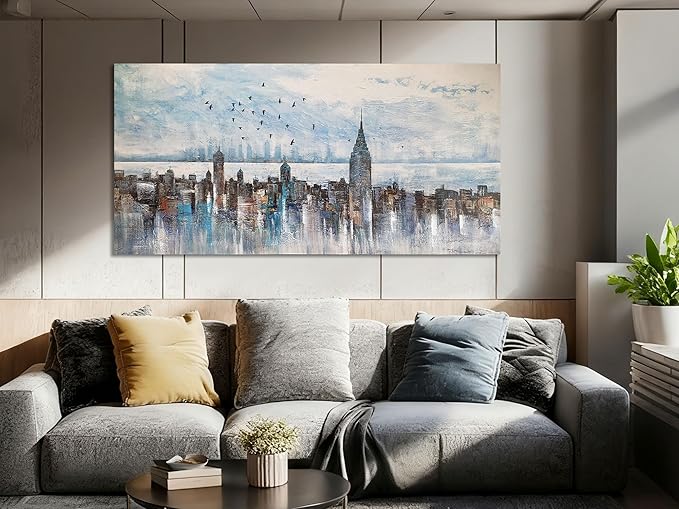 Arjun Cityscape Wall Art New York City Skyline Picture Modern Abstract Grey NYC Skyline Painting Framed Artwork for Bedroom Living Room Home Office Decor, Large 40"x20"