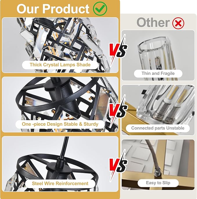 Black Crystal Pendant Light for Kitchen Island, Adjustable Hanging Chandelier with Ambient Lighting, 51 Inch Chain, E12 Base, Plated Modern Farmhouse Fixture for Dining Room, Bedroom, Living Room