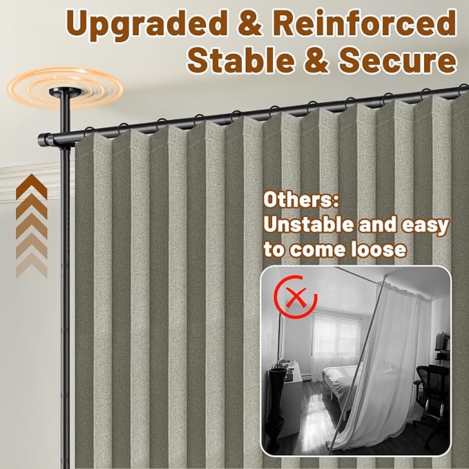 AJAZZ Privacy Curtains for Room Divider with Blackout & Soundproof (Grey, W100 x L84 in, 1 Panel)+ No Drill Curtain Rods(H) 43-120×(W) 35-100 in, Wall Divider for Bedroom/Studio/Office Curtain